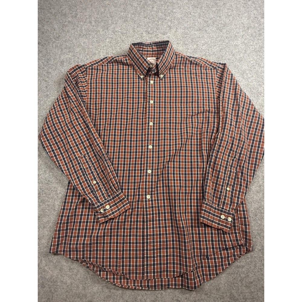 Brooks Brothers 346 Mens Large Original Polo Shirt Plaid Orange Navy Cotton L